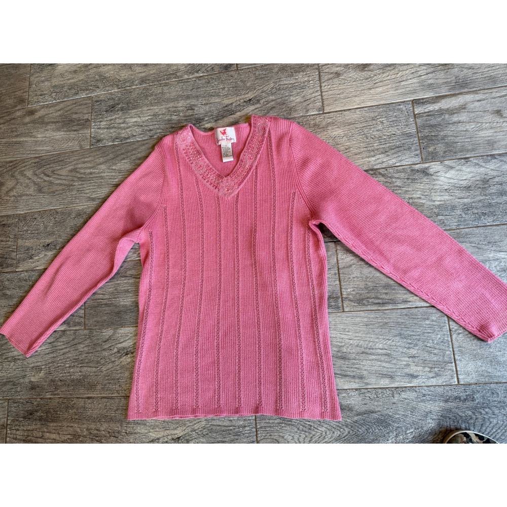 Quacker Factory Sweater Large Pink Metallic Beaded V-Neck Pointelle Knit Womens